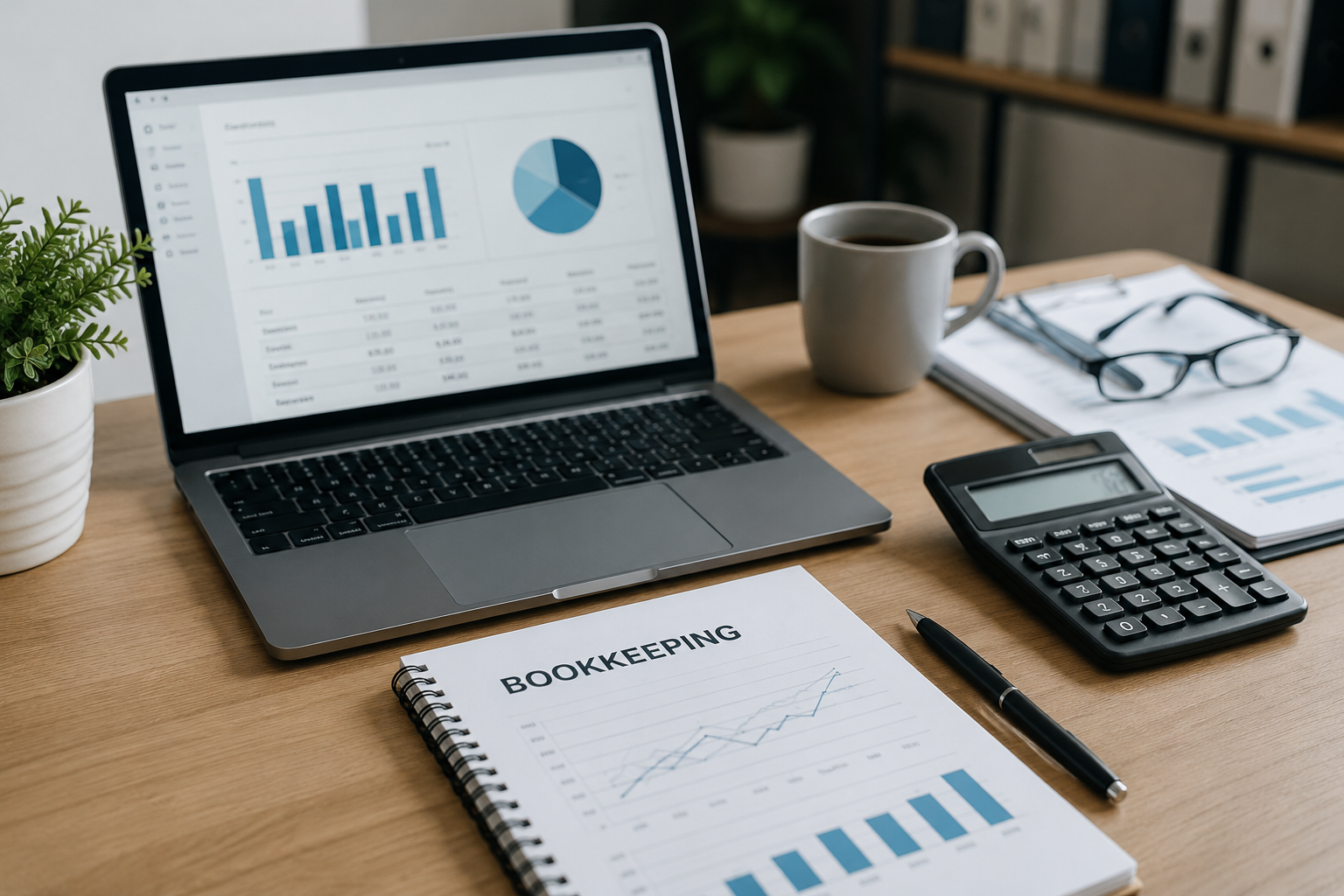 Professional bookkeeper reconciling bank accounts, reviewing financial reports, and managing bookkeeping for a growing small business using accounting software.