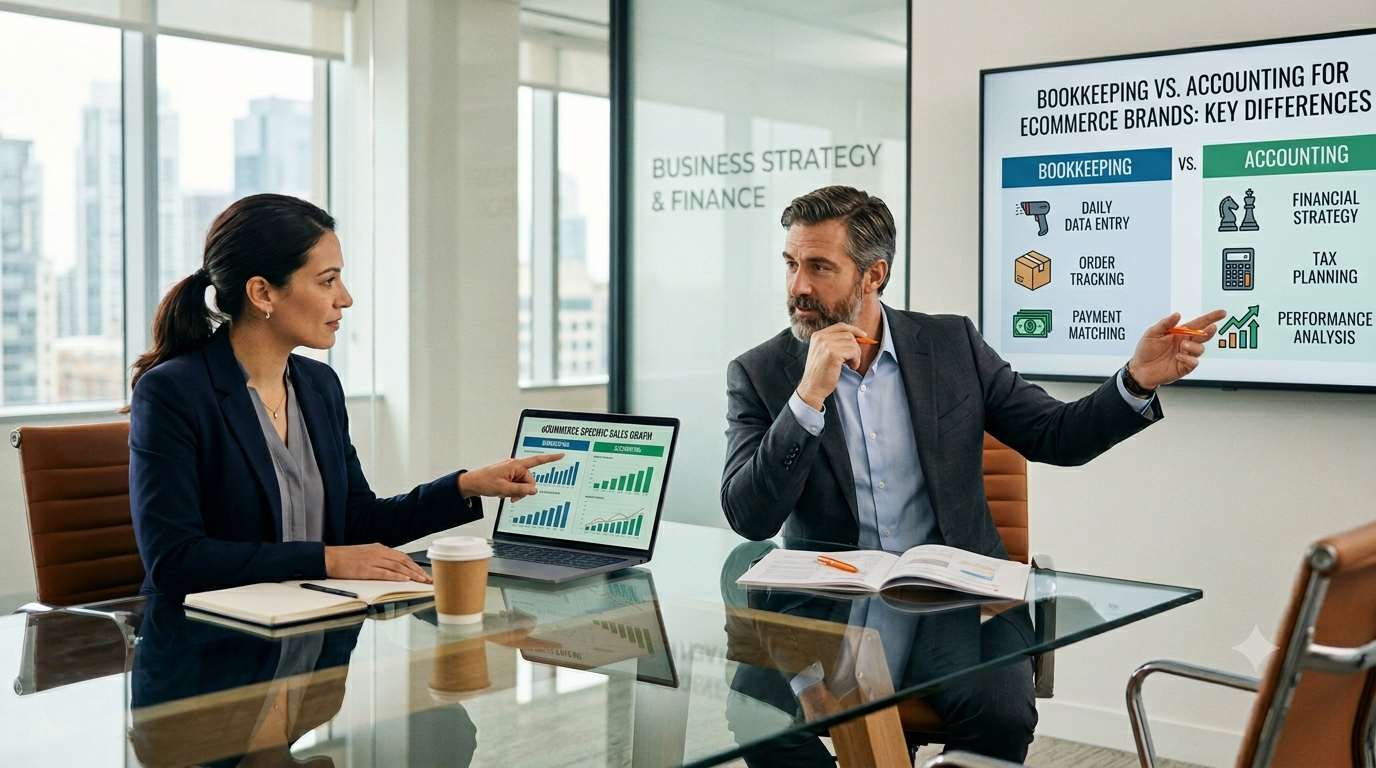 Accountant reviewing eCommerce financial reports, inventory data, and sales dashboards for a growing online business.