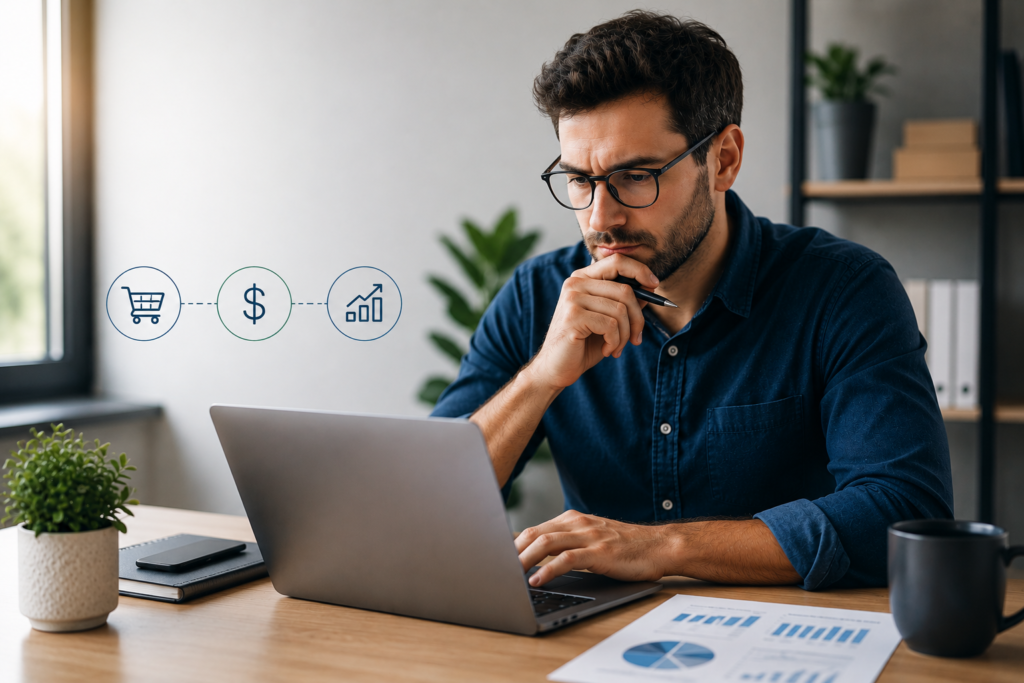 E-commerce business owner analyzing profit and loss statement on laptop with charts showing revenue, costs, and profit trends.