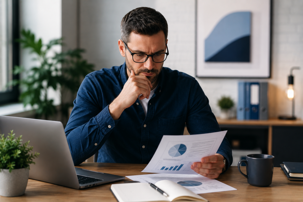 Business owner reviewing ecommerce refund reports and profitability metrics on a laptop to analyze the financial impact of product returns, cash flow, and inventory management.