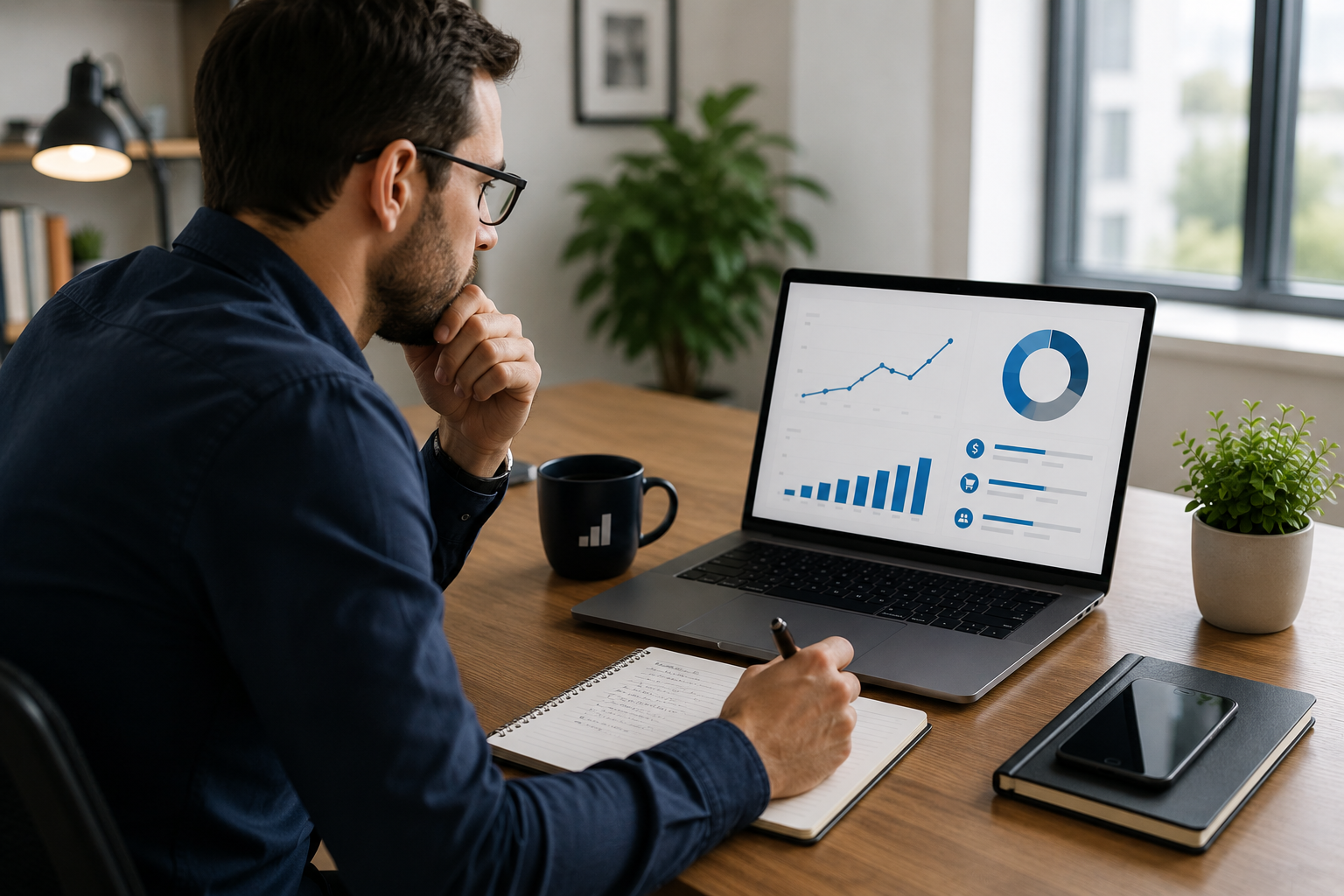 Ecommerce founder reviewing weekly business metrics including cash flow, profit margins, inventory levels, ad performance, and revenue growth on a financial dashboard.