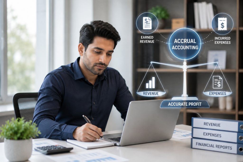 Ecommerce business owner reviewing accrual accounting reports to measure profit, inventory costs, and financial performance accurately.