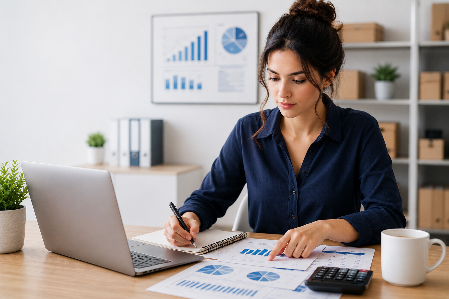Business owner analyzing capital budgeting strategies, financial forecasts, and investment decisions for an ecommerce business using charts and financial data.