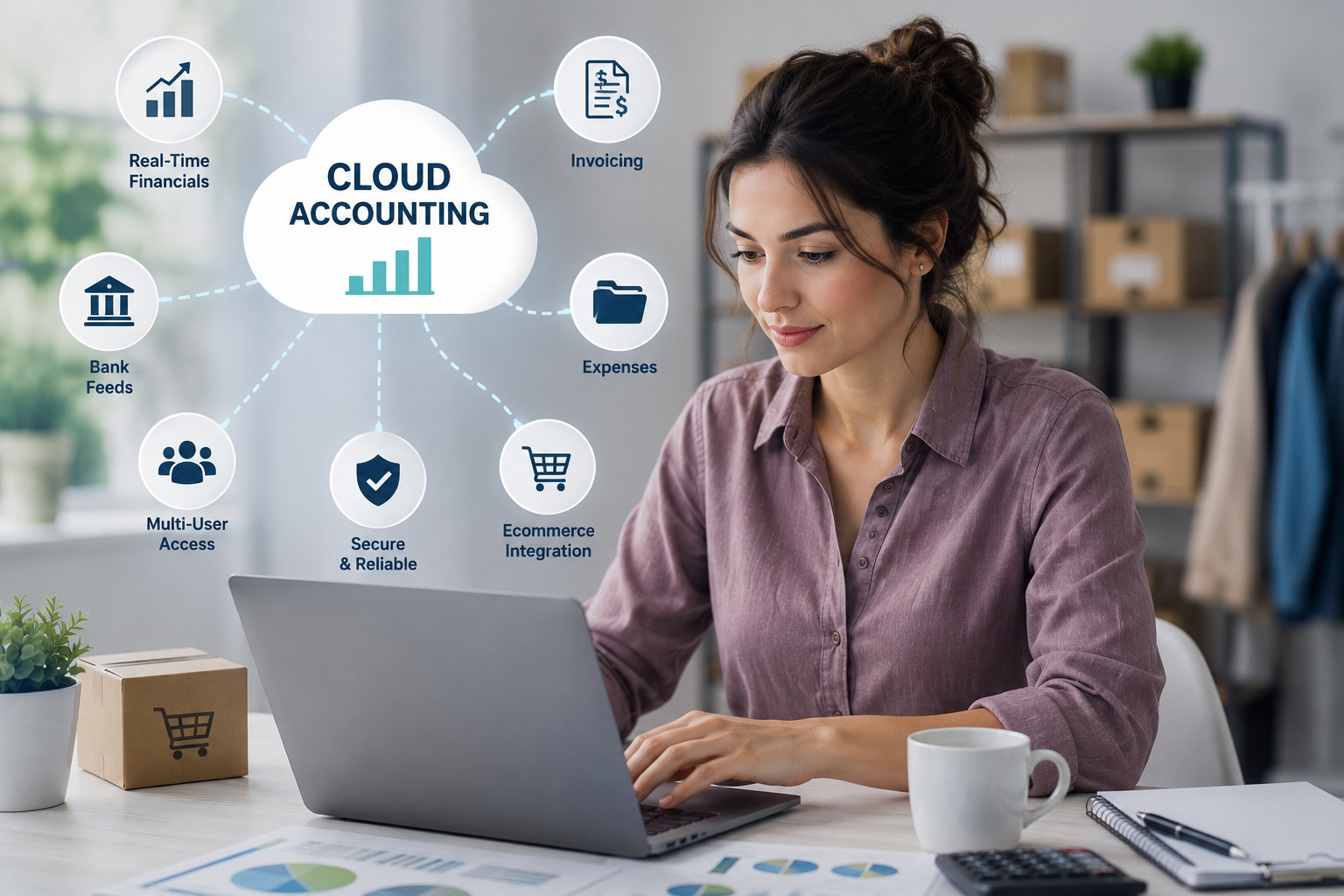 Online business owner reviewing cloud accounting reports and cash flow data