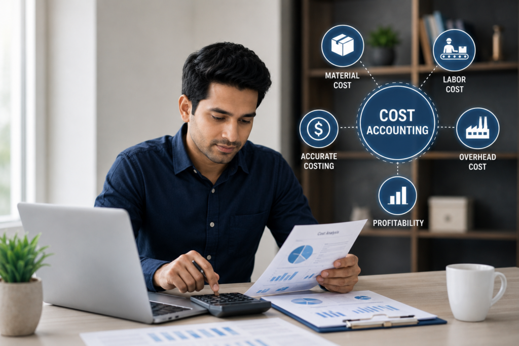 Cost accounting dashboard showing ecommerce product costs, inventory valuation, COGS analysis, and profit margin optimization.