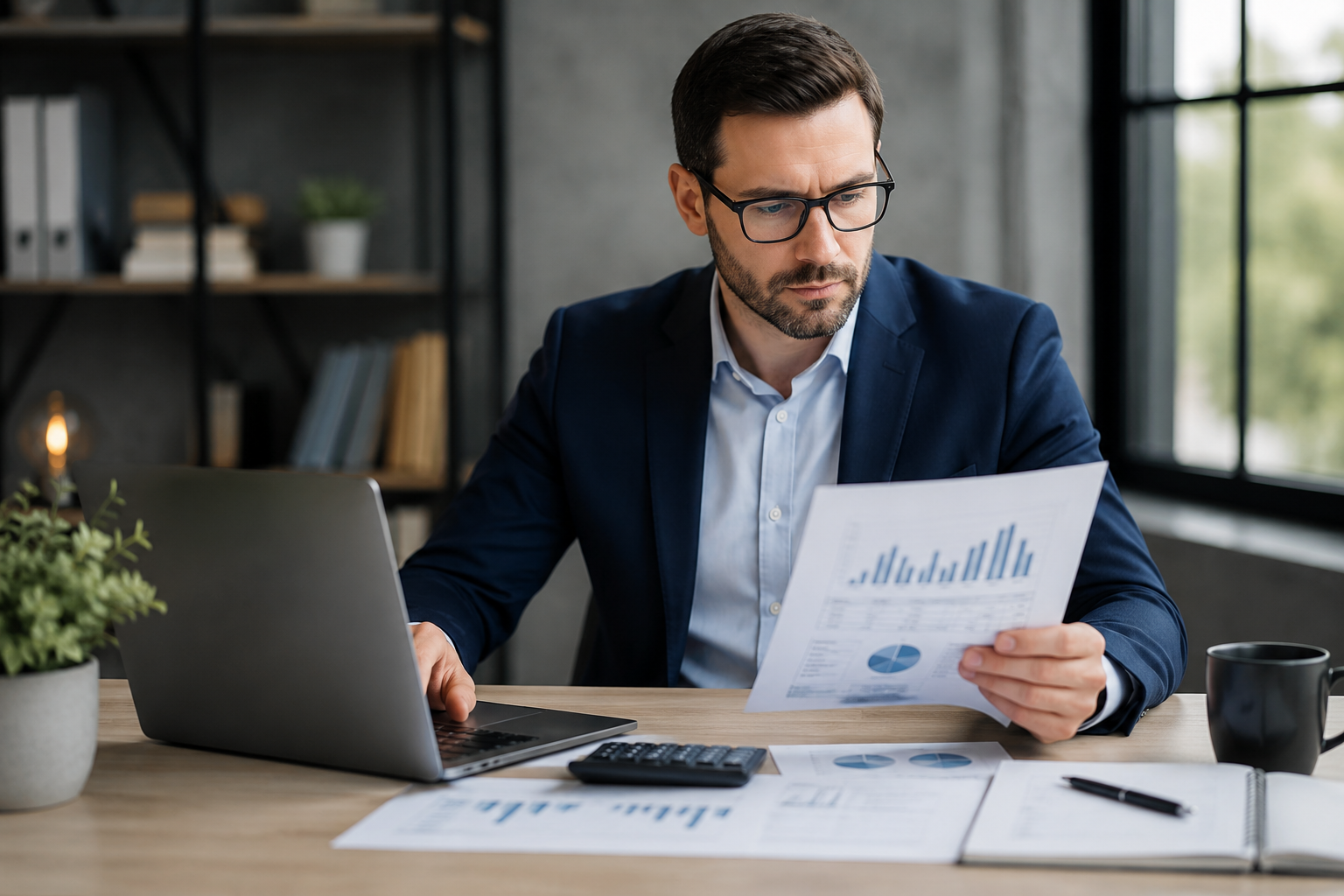 Ecommerce financial controller reviewing inventory reports, cost analysis, and accounting records on a laptop in a modern office.
