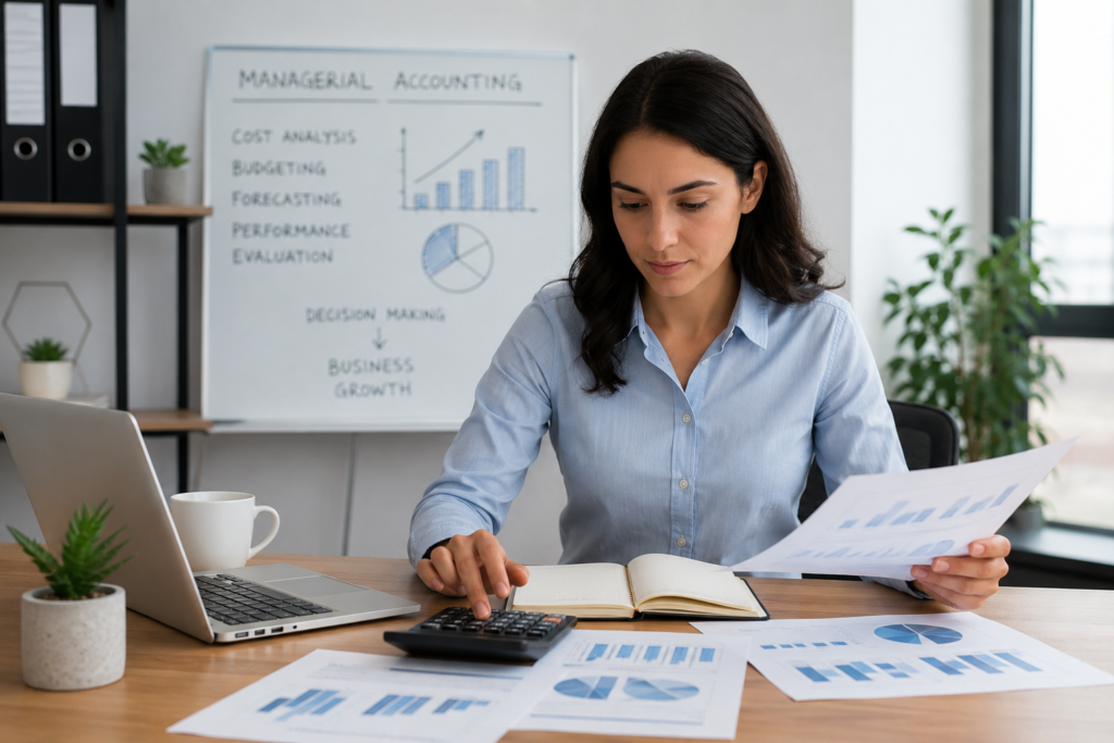 Manager reviewing managerial accounting reports to analyze ecommerce costs, inventory, and profitability on a laptop dashboard.
