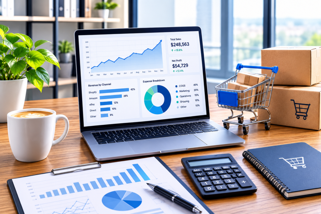 Ecommerce founder reviewing financial reports to track sales, expenses, cash flow, and business performance