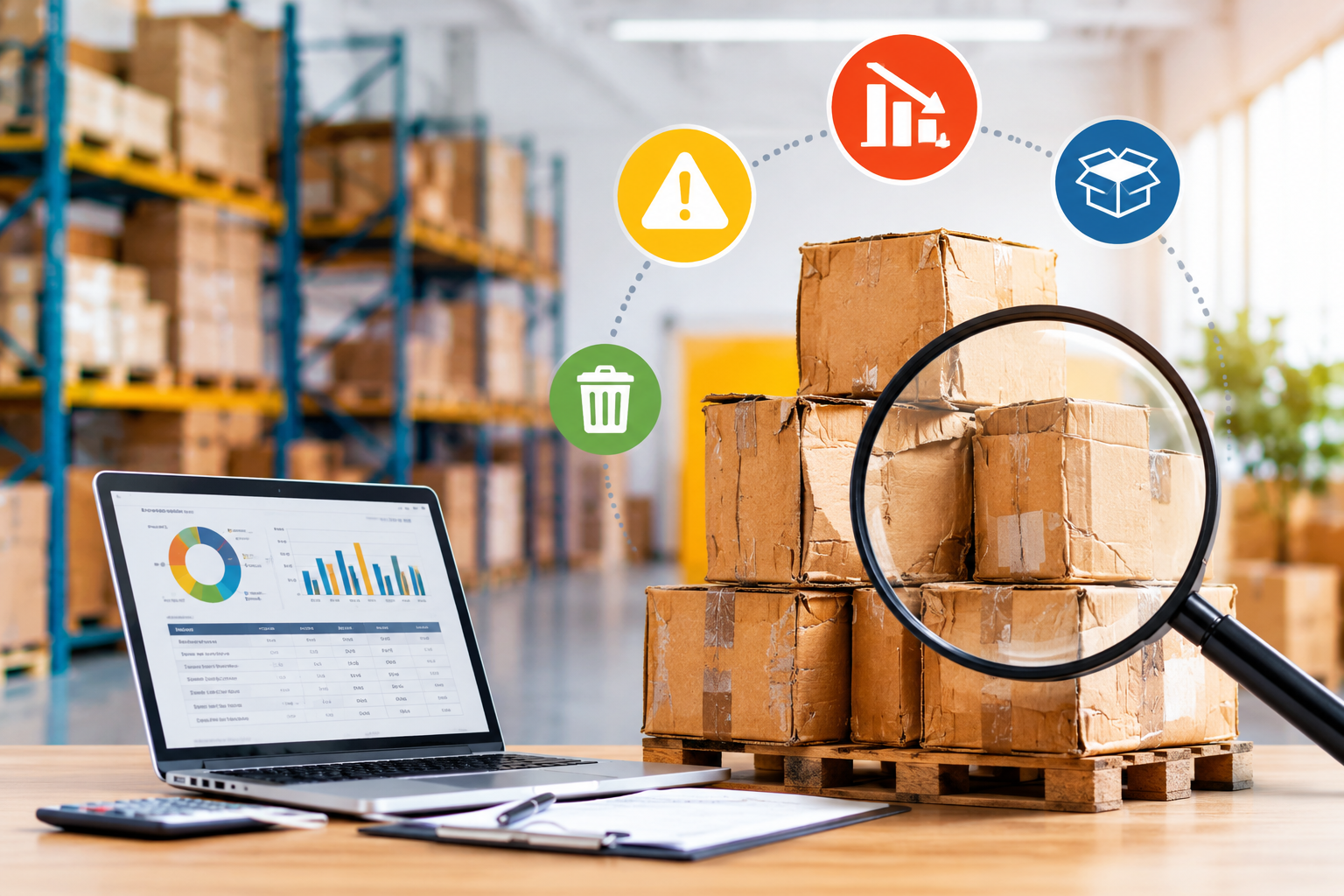 Ecommerce inventory manager reviewing aging and obsolete stock in a warehouse