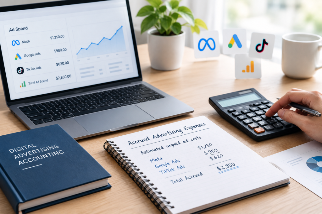 Ecommerce accounting worksheet showing accrued advertising expenses and unpaid advertising costs
