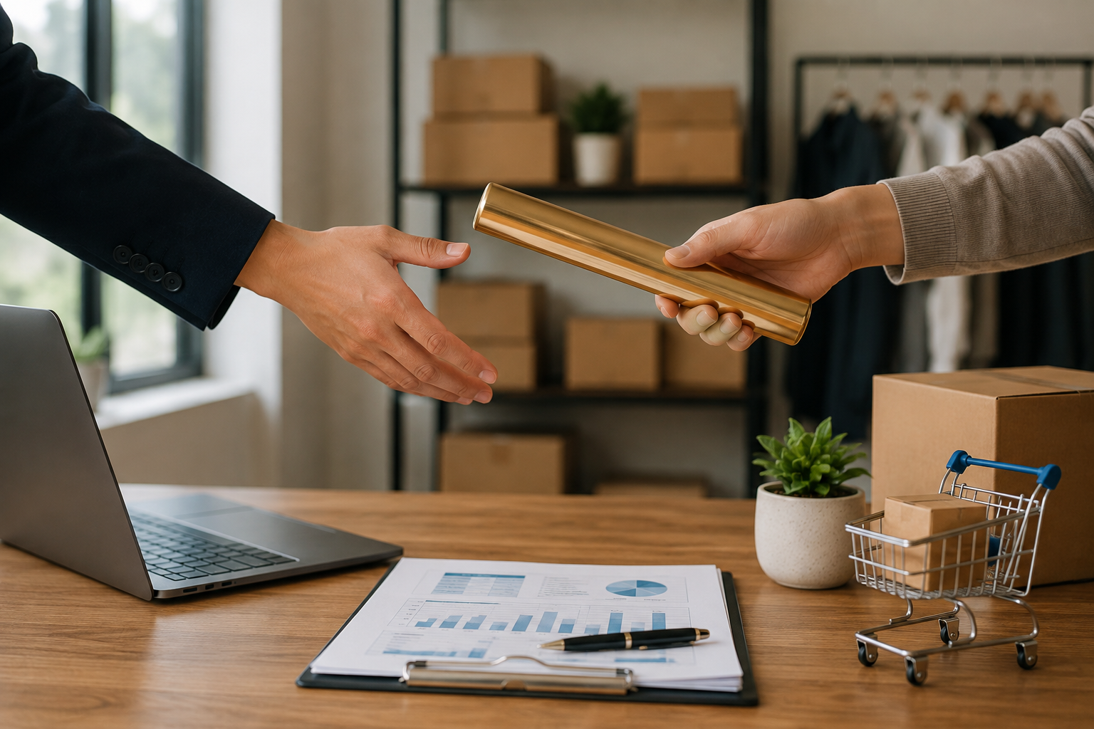 Ecommerce founder planning business succession with financial documents and business handoff