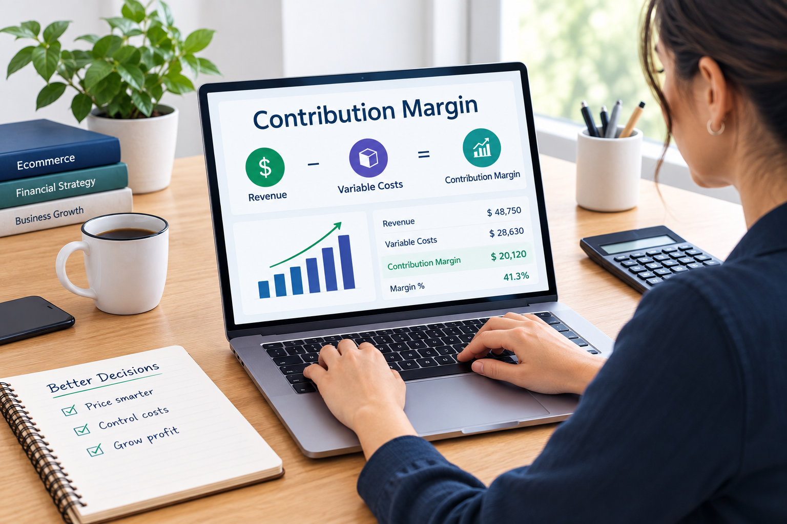 Woman analyzing ecommerce contribution margin on a laptop with revenue, variable costs, and profitability data.
