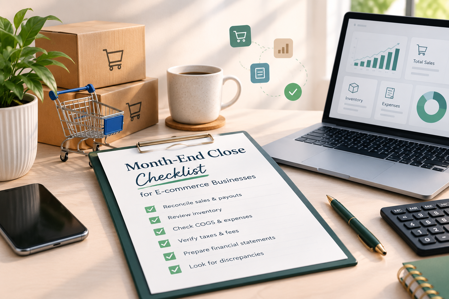 Month-end close checklist for e-commerce businesses showing accounting tasks, inventory, sales, and financial reporting