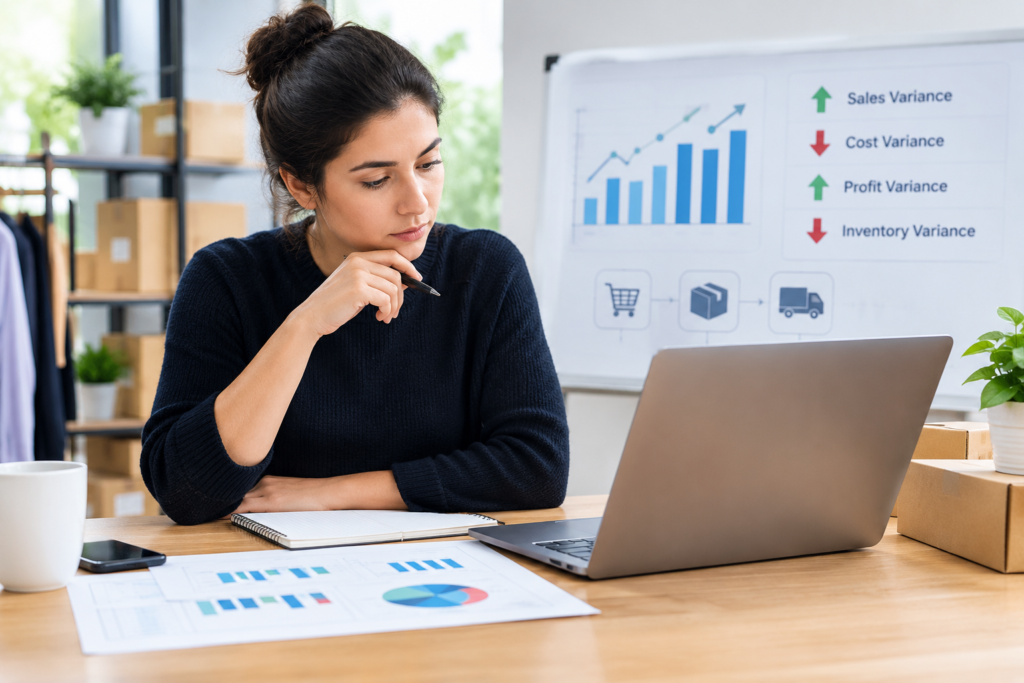 Ecommerce variance analysis showing sales, costs, margins, and profit performance