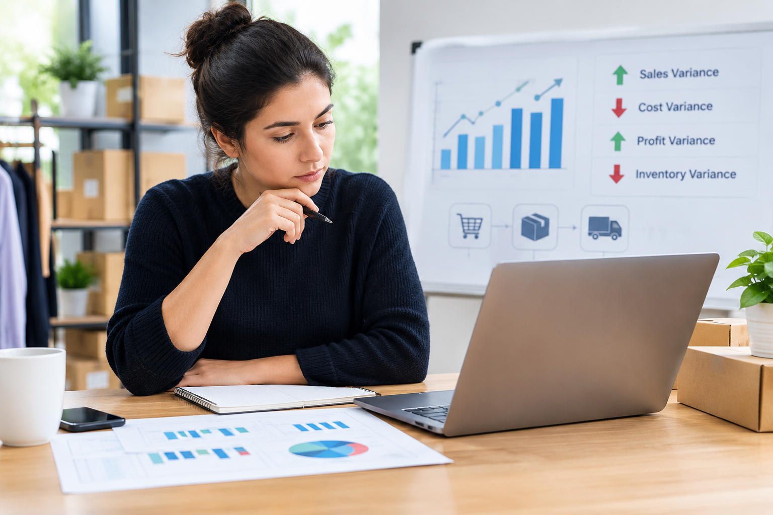 Ecommerce variance analysis showing sales, costs, margins, and profit performance