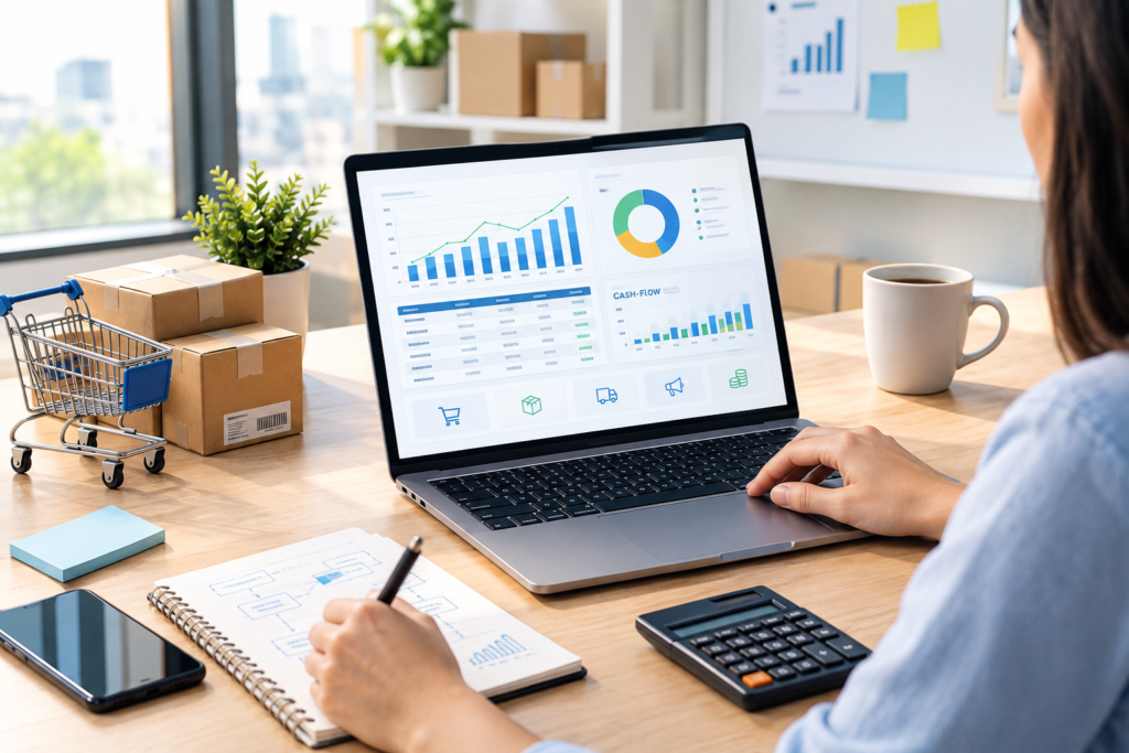 Ecommerce financial forecasting and budget forecast showing revenue, costs, cash flow, and forecast scenarios