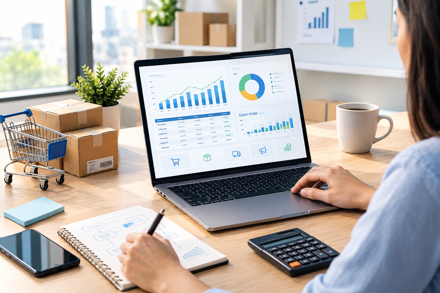 Ecommerce financial forecasting and budget forecast showing revenue, costs, cash flow, and forecast scenarios